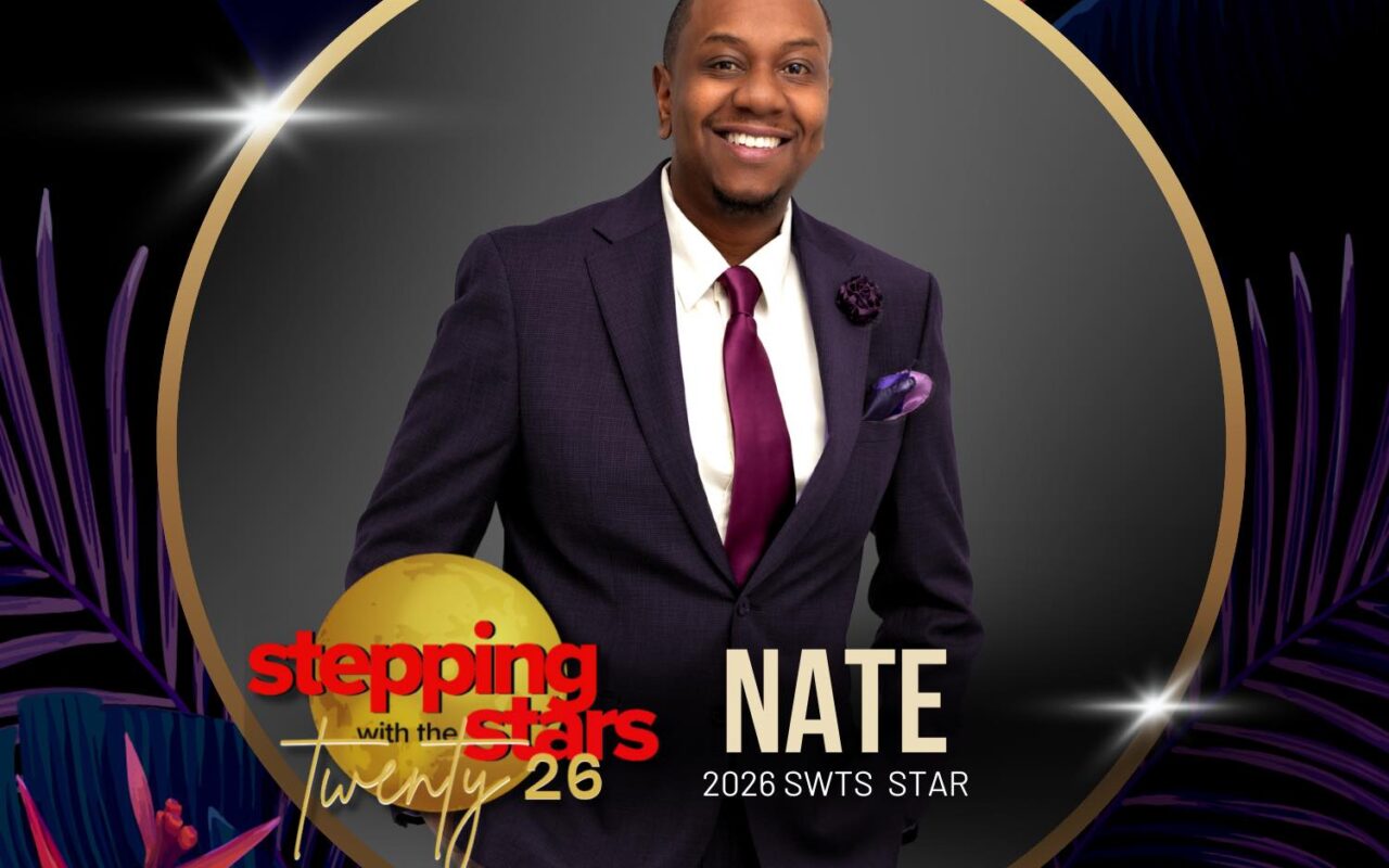 Portrait of Nate in a purple suit and burgundy tie inside a gold circle, tropical backdrop, promoting Stepping with the Stars Twenty26.