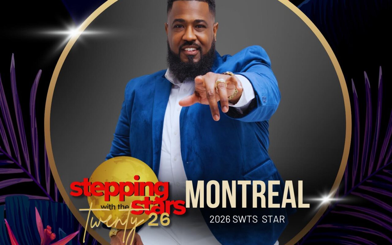 Promotional poster featuring a man in a blue suit pointing at the viewer, with 'Stepping with the Stars' and 'Montreal 2026' text.
