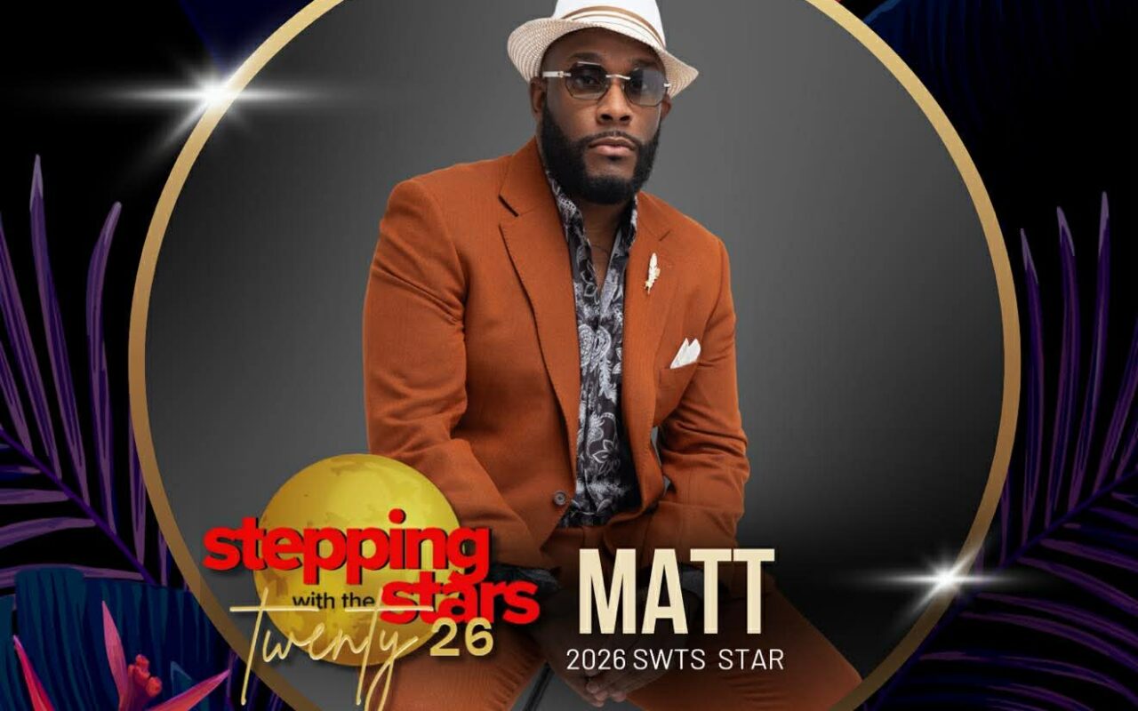 Promotional graphic featuring Matt in an orange suit and white hat inside a gold circular frame, with 'Stepping with the Stars' and 'MATT' labels.
