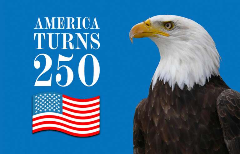 Blue background with bold text 'AMERICA TURNS 250', a waving American flag, and a bald eagle on the right.