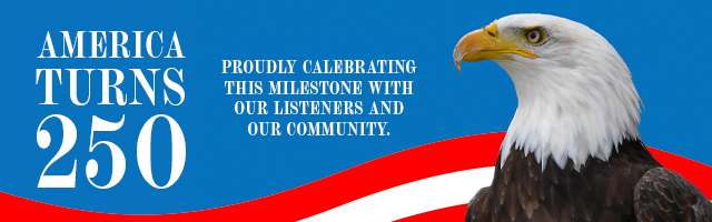 Blue banner reading 'America Turns 250' with a bald eagle on the right and red, white, and blue swooshes celebrating the milestone.