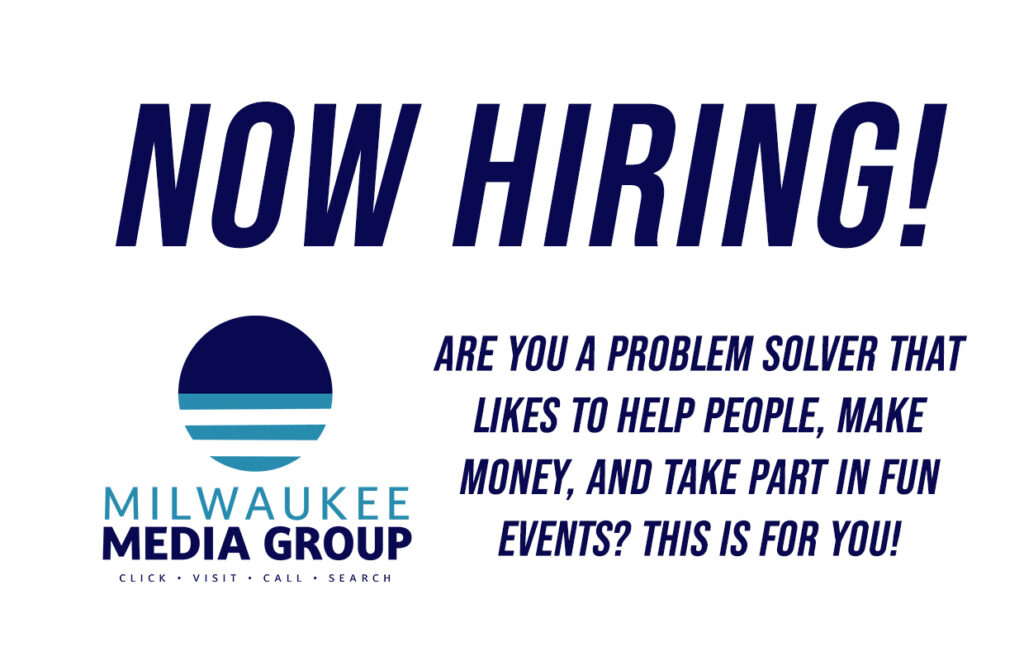 Now hiring! Milwaukee Media Group recruitment graphic with logo and a call for problem solvers to apply.
