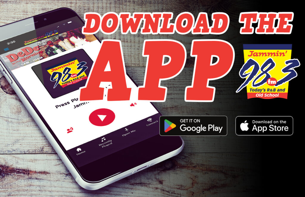Promo image urging to download the Jammin’ 98.3 FM app, featuring a smartphone and Google Play / App Store badges.