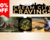 Promo collage for Cream City Cravings with a 50% off badge, featuring dinosaurs, the Jurassic Journey logo, and a child playing in a sand pit off to the right.