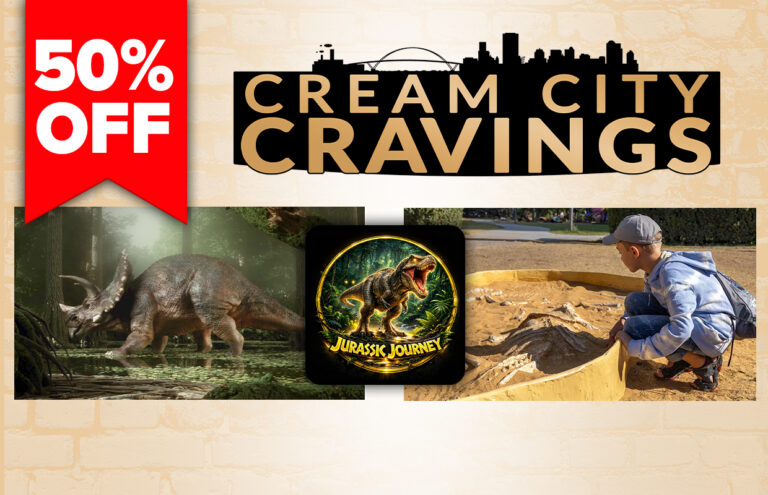 Promo collage for Cream City Cravings with a 50% off badge, featuring dinosaurs, the Jurassic Journey logo, and a child playing in a sand pit off to the right.