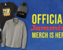 Promo banner showing Jammin’ 98.3 official merch: black T-shirt, gray polo, knit beanie, tumbler on a blue backdrop.
