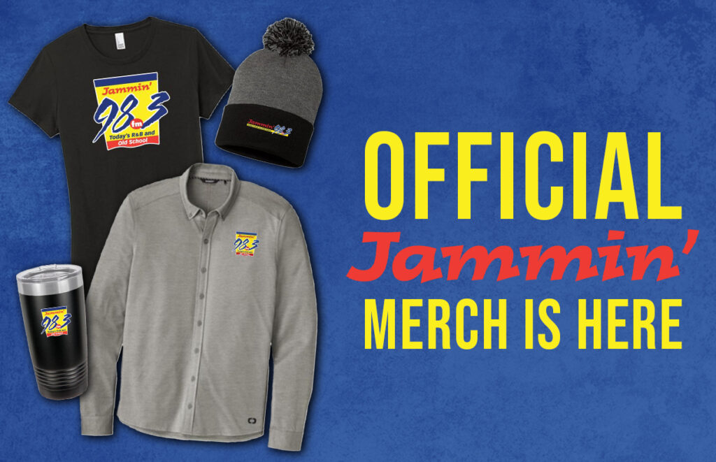 Promo banner showing Jammin’ 98.3 official merch: black T-shirt, gray polo, knit beanie, tumbler on a blue backdrop.