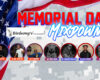 Promotional Memorial Day banner for a DJ event with a waving American flag background and circular DJ headshots across the bottom row.