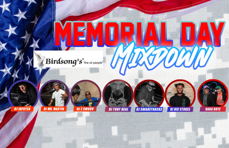 Promotional Memorial Day banner for a DJ event with a waving American flag background and circular DJ headshots across the bottom row.