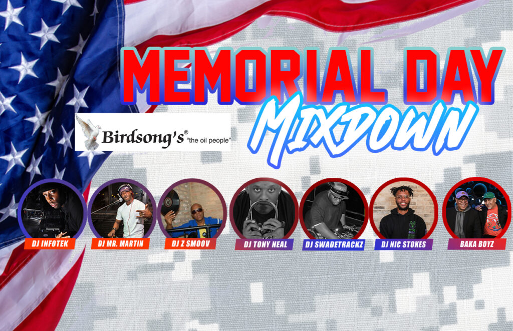 Promotional Memorial Day banner for a DJ event with a waving American flag background and circular DJ headshots across the bottom row.