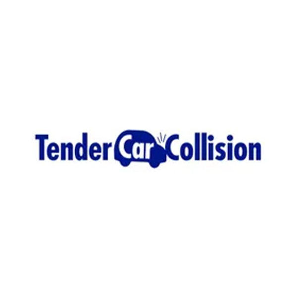 Tender Car Collision logo with a blue car silhouette between the words 'Tender' and 'Collision', indicating auto body repair services