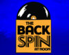 Logo for 'The Back Spin at Noon' featuring a vinyl record above an orange panel on a blue background.