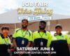 Four smiling staff in neon uniforms stand in front of a job fair tent; banner reads 'Job Fair We're Hiring' with date and venue details.