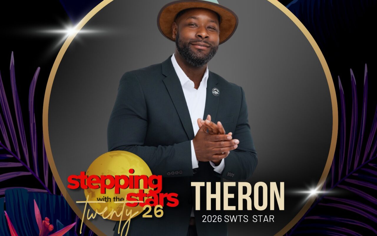 Promotional poster featuring Theron in a suit inside a gold-framed circle with a tropical background for the 2026 SWTS Star event