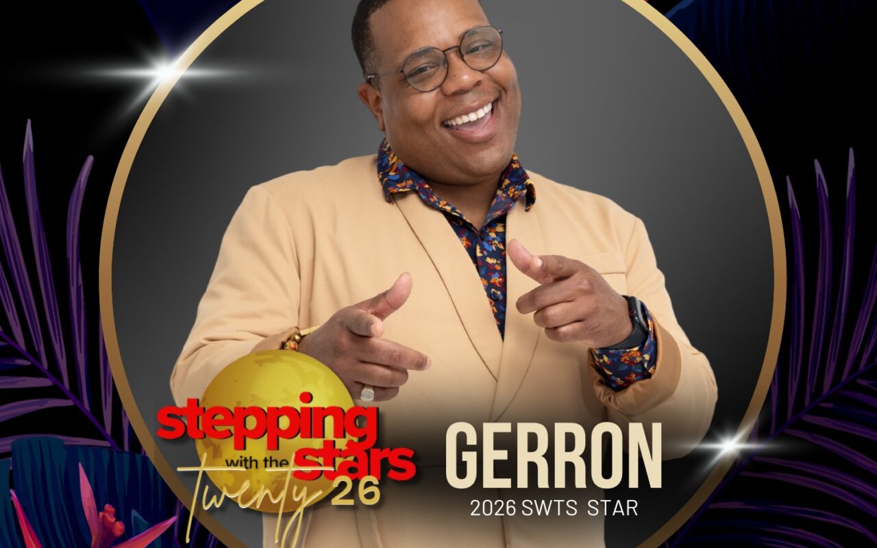 Promotional portrait of Gerron, smiling in a beige suit, framed by a gold circle with 'Stepping with the Stars' and 'GERRON' text, 2026 SWTS Star.