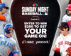 Baseball promo banner with players around a dark central panel that reads: Enter to win $250 to get your game on, Sunday Night Baseball. NBC and Peacock logos shown.