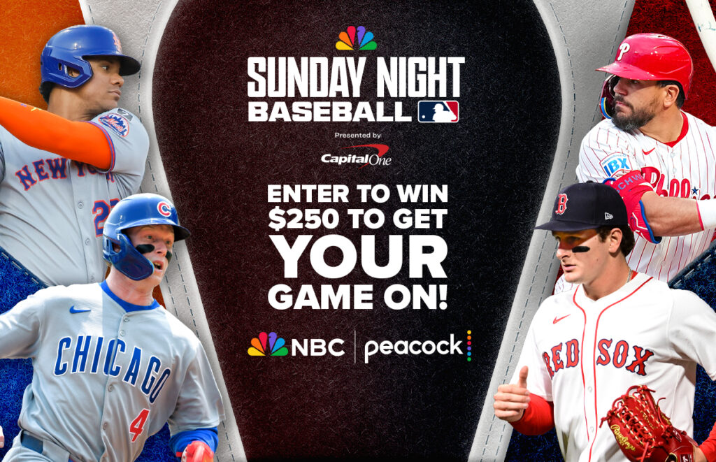 Baseball promo banner with players around a dark central panel that reads: Enter to win $250 to get your game on, Sunday Night Baseball. NBC and Peacock logos shown.