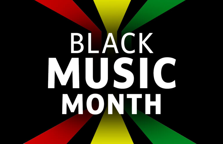 Promotional graphic announcing Black Music Month with bold white text and red, yellow, and green rays on a black background.