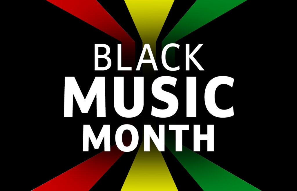 Promotional graphic announcing Black Music Month with bold white text and red, yellow, and green rays on a black background.