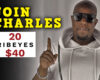 Promo image: man in sunglasses and hoodie pointing, with bold yellow 'JOIN CHARLES' text on left and a white card showing '20 RIBEYES $40'