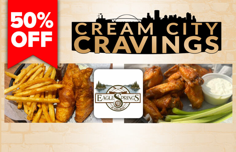 Promotional banner with a red 50% OFF badge, Cream City Cravings logo, and a platter of wings, fries, and celery with a dipping sauce in the background.
