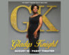 Poster advertising Gladys Knight concert, woman in a black gown before a large gold glitter backdrop and 'G' letters, August 20 at PABST THEATER.