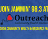 Poster announcing Jammin’ 98.3 at Outreach Community Health Centers for the 2026 Community Health & Resource Fair, with a heart-shaped stethoscope graphic.