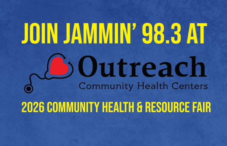 Poster announcing Jammin’ 98.3 at Outreach Community Health Centers for the 2026 Community Health & Resource Fair, with a heart-shaped stethoscope graphic.