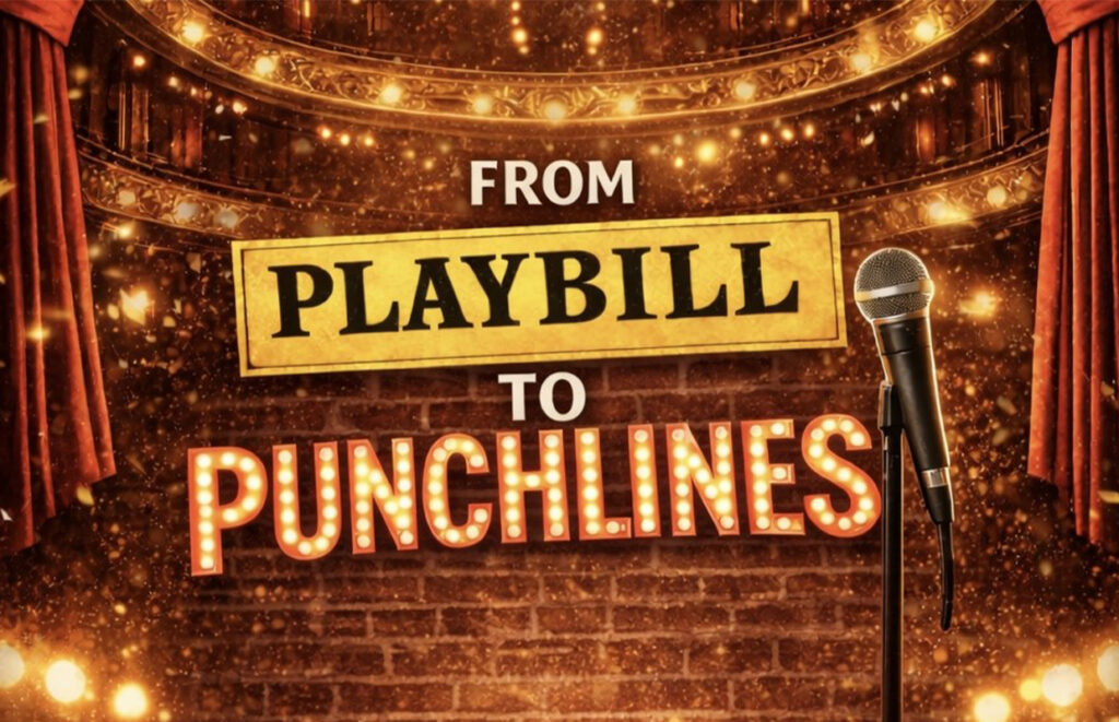 Stage with brick wall, bright marquee lights, and a microphone; sign reads 'From Playbill to Punchlines'.