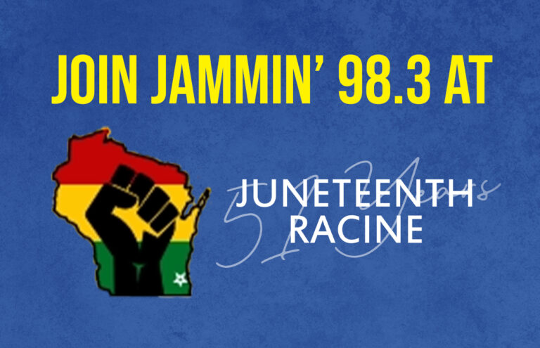 Blue banner with bright yellow text reading 'JOIN JAMMIN’ 98.3 AT' and a colorful Africa map with a raised black fist on the left, plus 'JUNETEENTH RACINE' text on the right.