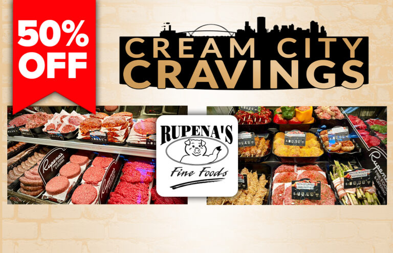Promotional banner for Rupena's Fine Foods featuring a 50% off ribbon and a meat display with the Cream City Cravings logo.