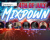 Bright 4th of July Mixdown banner with fireworks, Birdsong’s logo, bold 'Mixdown' text, and eight DJ headshots in circular frames with names below each photo.