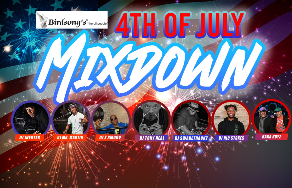 Bright 4th of July Mixdown banner with fireworks, Birdsong’s logo, bold 'Mixdown' text, and eight DJ headshots in circular frames with names below each photo.
