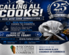 Poster for 'Calling All Cooks!' cooking competition; emphasizes recruitment and sign-up details with chefs hat icons and a plated dish on the right edge.