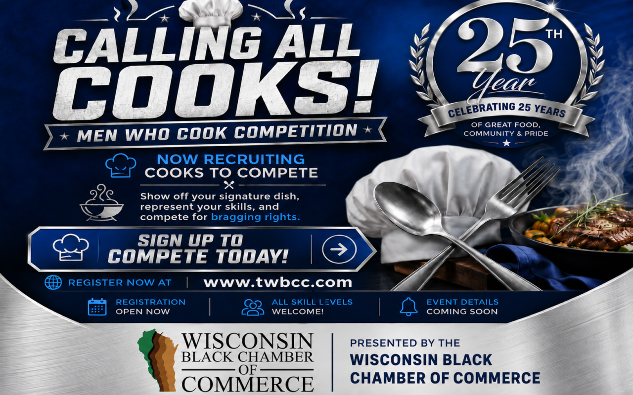 Poster for 'Calling All Cooks!' cooking competition; emphasizes recruitment and sign-up details with chefs hat icons and a plated dish on the right edge.