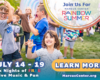 Children at a summer festival with a Rainbow Summer banner overhead; event dates July 14–19 and note of six nights of free live music and fun; a prominent Learn More button is shown.