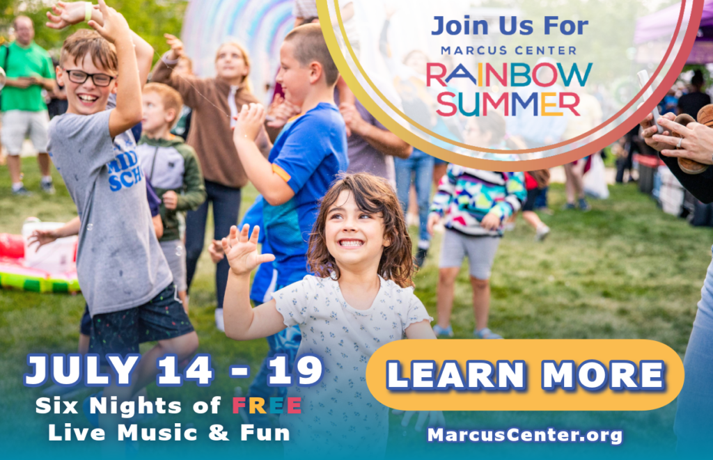 Children at a summer festival with a Rainbow Summer banner overhead; event dates July 14–19 and note of six nights of free live music and fun; a prominent Learn More button is shown.