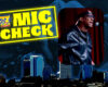 Neon yellow 'MUSIC CHECK' sign over a city skyline, with a rounded photo of a singer performing into a microphone.