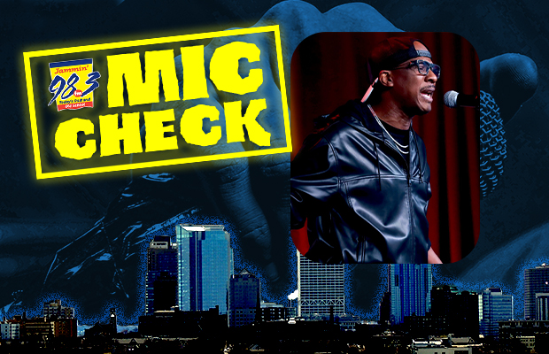 Neon yellow 'MUSIC CHECK' sign over a city skyline, with a rounded photo of a singer performing into a microphone.