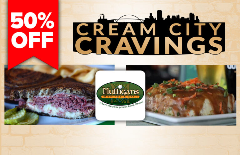 Promotional collage for Cream City Cravings: 50% OFF banner, and two plated dishes with the Mulligans logo in the center.