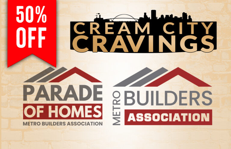 Promotional collage showing Cream City Cravings logo, a red 50% OFF banner, and Parade of Homes/Metro Builders Association logos on a beige brick background.