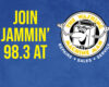 Promotional banner: bright yellow text 'JOIN JAMMIN’ 98.3 AT' on blue background with a circular logo of a cheerful washing machine labeled 'The Washing Machine Man'.