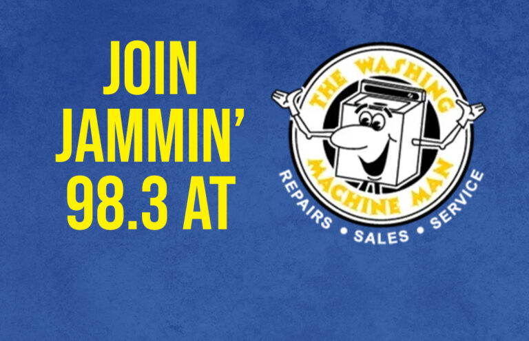 Promotional banner: bright yellow text 'JOIN JAMMIN’ 98.3 AT' on blue background with a circular logo of a cheerful washing machine labeled 'The Washing Machine Man'.