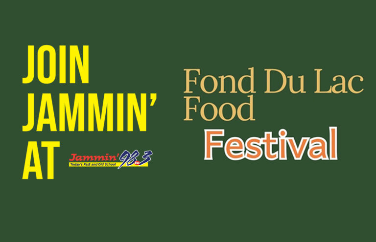 Green banner promoting Fond Du Lac Food Festival; left side shows 'JOIN JAMMIN'' in large yellow letters, right side reads 'Fond Du Lac Food Festival' with the Jammin' 98.3 logo nearby.