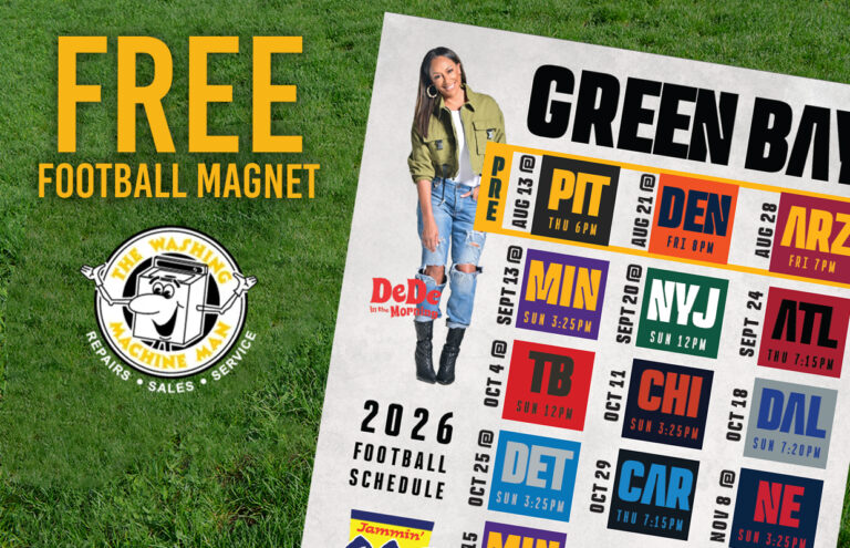 Green grass background with large 'FREE FOOTBALL MAGNET' text, a round logo, and a tilted 2026 football schedule poster with a woman standing beside it.