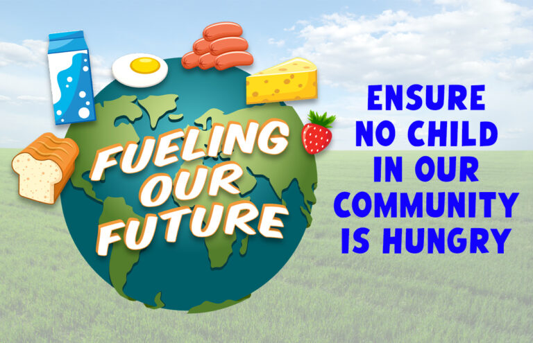 Cartoon globe with food icons and the slogan 'Fueling Our Future' urging 'Ensure no child in our community is hungry'.