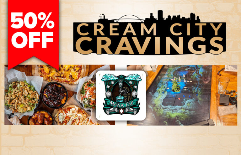 Promotional banner for Cream City Cravings with a red 50% OFF ribbon and food collage featuring pizzas and dishes, centered logo in front of a game board image.