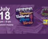 Purple event banner announcing July 18, 2–6 pm, DJ Uptown Society, Summer Cultural Music Series with a central microphone badge and sponsor logos on the right.