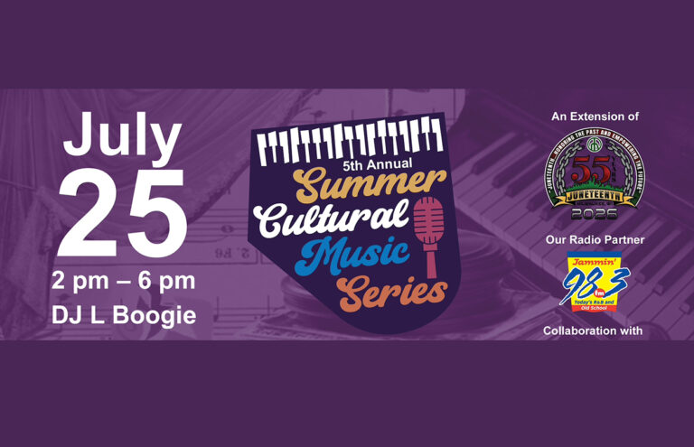 Poster for the 5th Annual Summer Cultural Music Series: July 25, 2–6 pm, DJ L Boogie, with partner logos on the right.