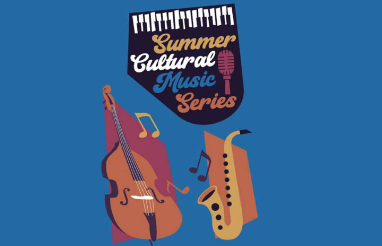 Poster for a Summer Cultural Music Series featuring a microphone icon, with a cello and saxophone on a blue background.